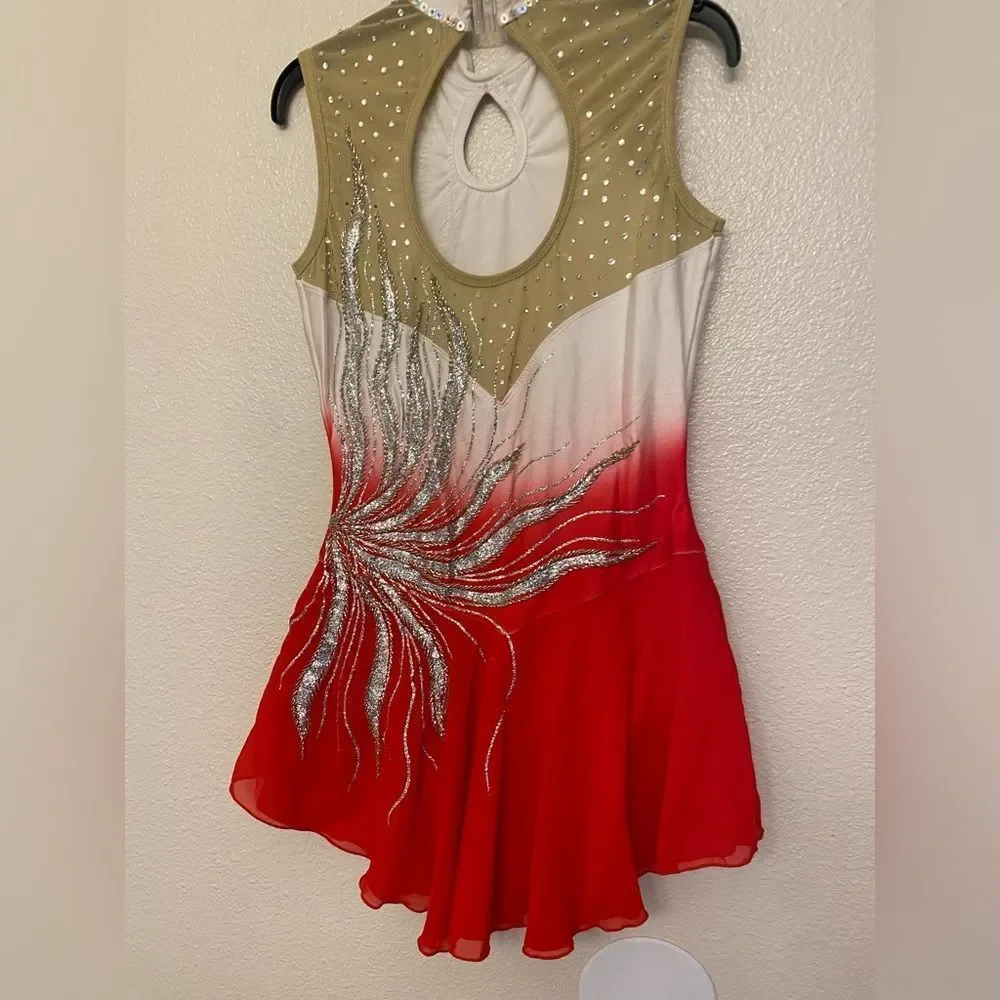 Custom solo dance ice skating ballet costume red ombre embellished dress MA